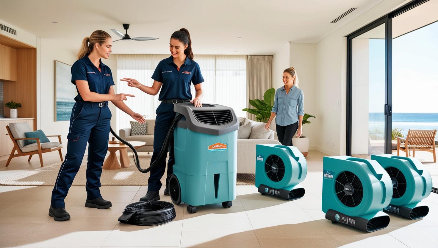 Technicians setting up commercial dehumidifiers and air movers inside a bright living room Technicians setting up commercial dehumidifiers and air movers inside a bright living room